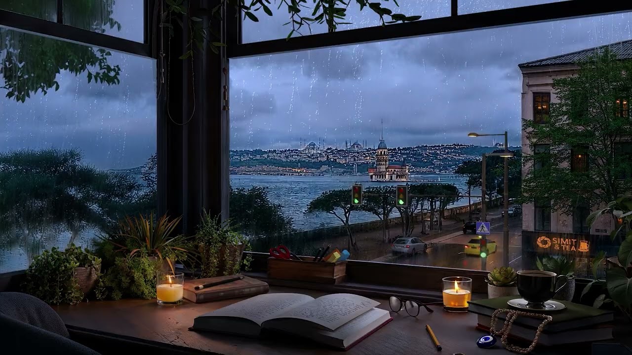Rainy Istanbul Study Room Ambience 🌧️ Bosphorus View & Thunder Sounds for Focus, Study & Relaxation