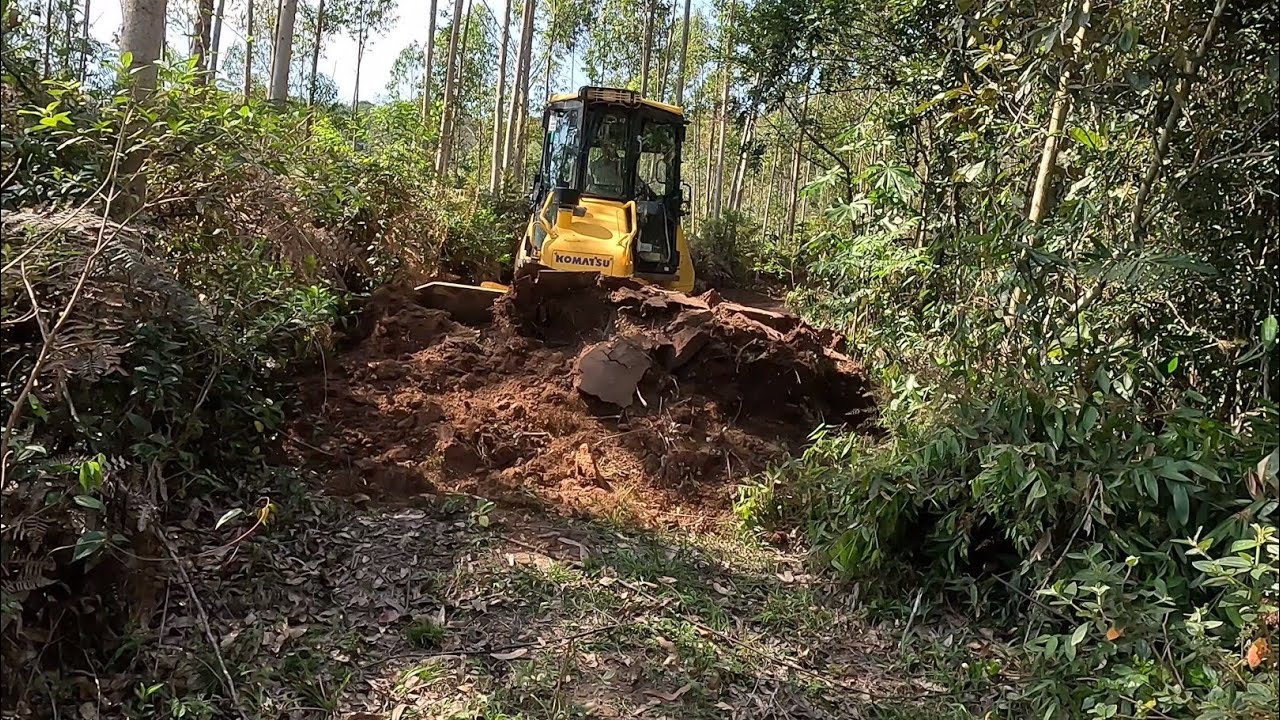 trator de esteira cortando estrada