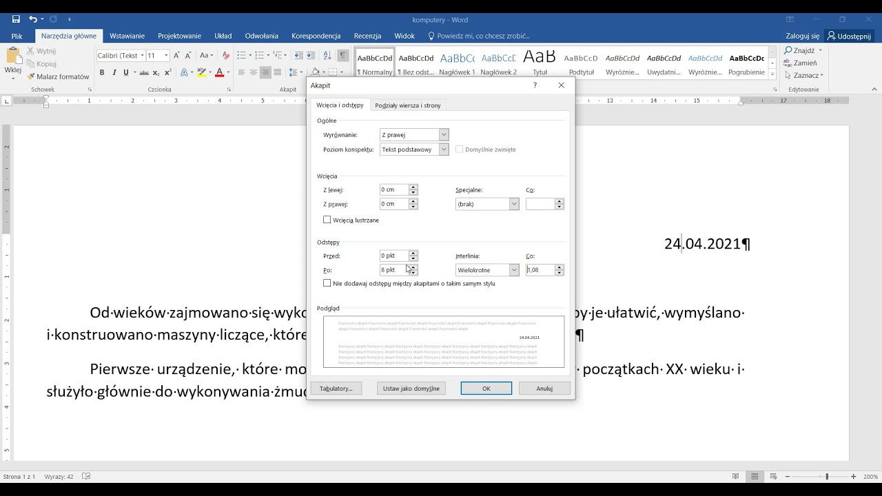 Word cw6 Ustalamy odstęp po akapicie i interlinię
