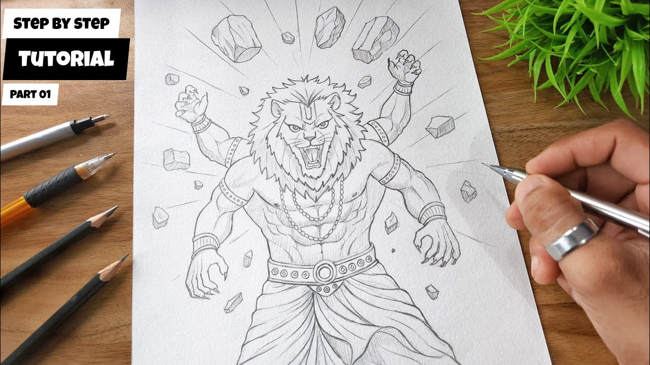 Learn How I Draw Lord Narshima Full Body Pencil Drawing Outline Tutorial @AjArts03