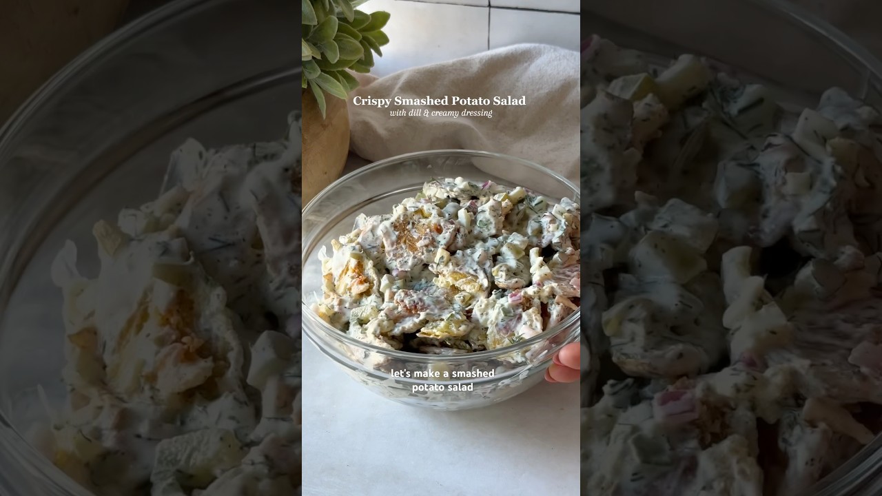 Crispy Smashed Potato Salad w fresh dill, pickles & creamy Greek yogurt dressing! GF #healthyrecipes