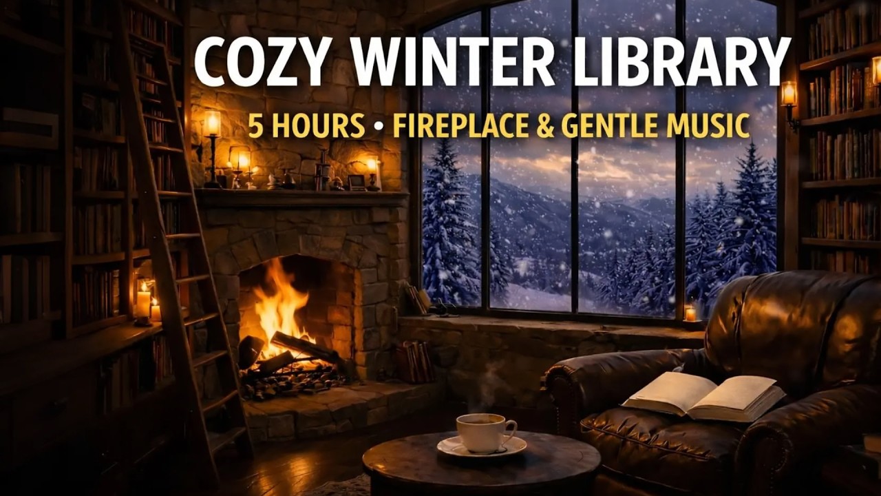 Crackling Fireplace & Gentle Snowfall ❄️ 5H Cozy Winter Ambience with Reading Music