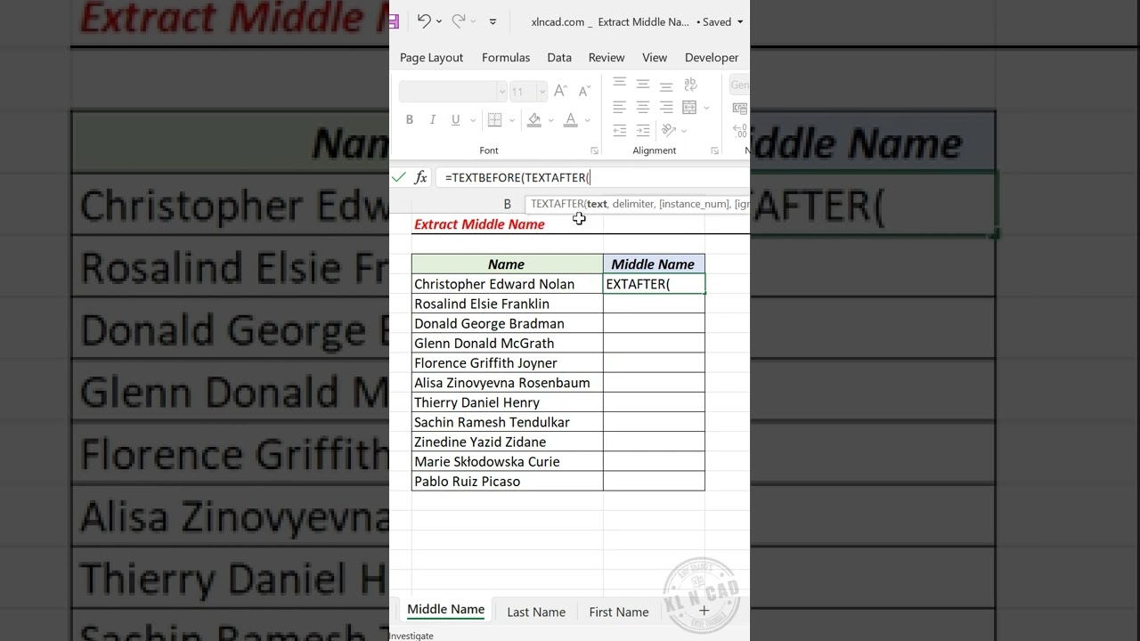 Excel Formula to extract Middle Name #excelshorts