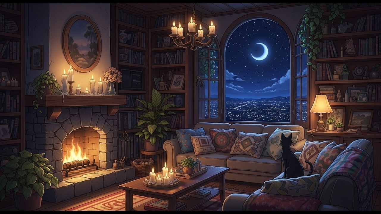 Soothing Rainy Cabin Fireplace in 4K ☔📖 Calm Lofi Beats for Study, Deep Sleep & Relaxing