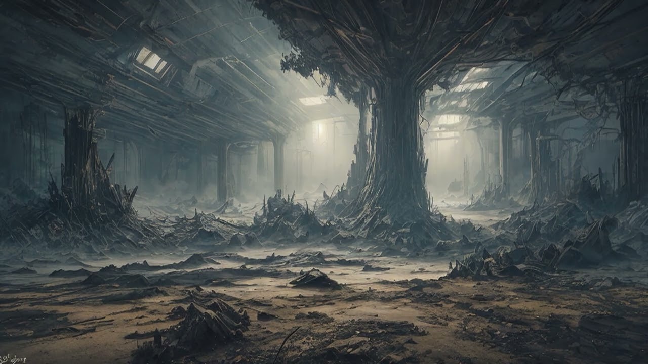 忘れ去られた深海基地：錆びつく海底研究施設の孤独な回廊と霧に包まれた外観