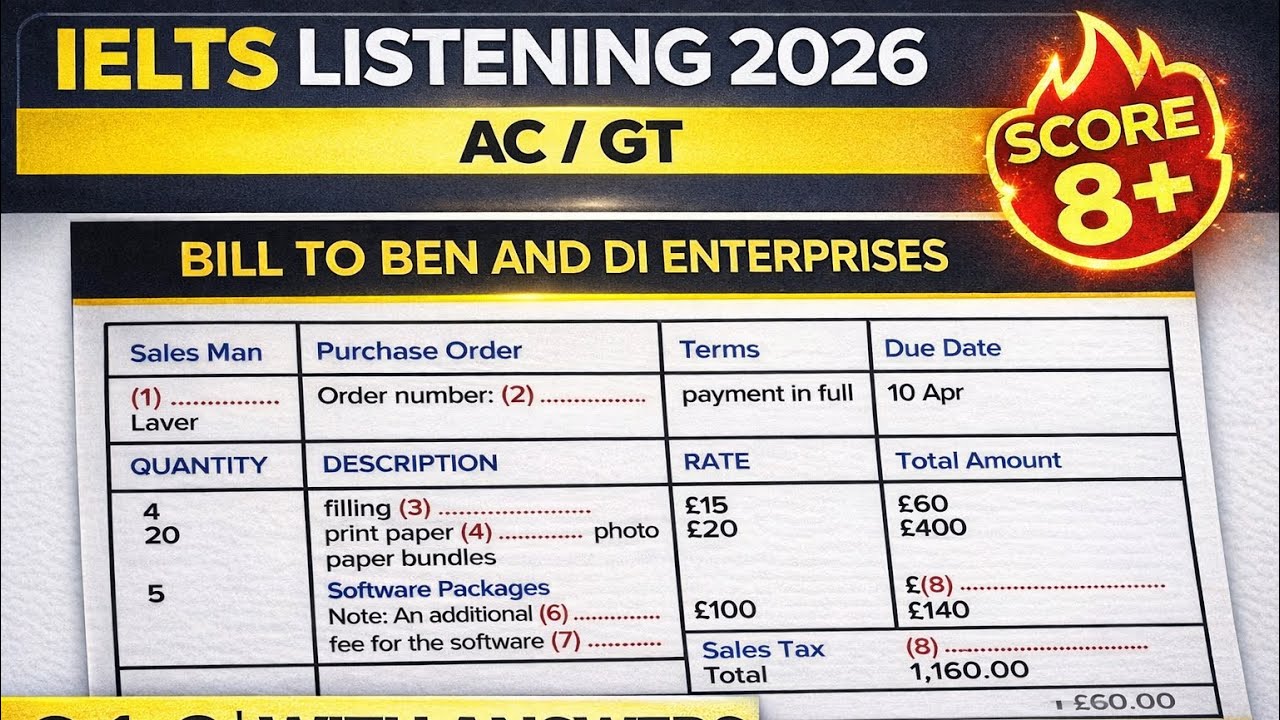 IELTS Listening Real Test Answers | Bill To Ben and Di Enterprises | AC/GT #ieltswithgic #ielts2026 