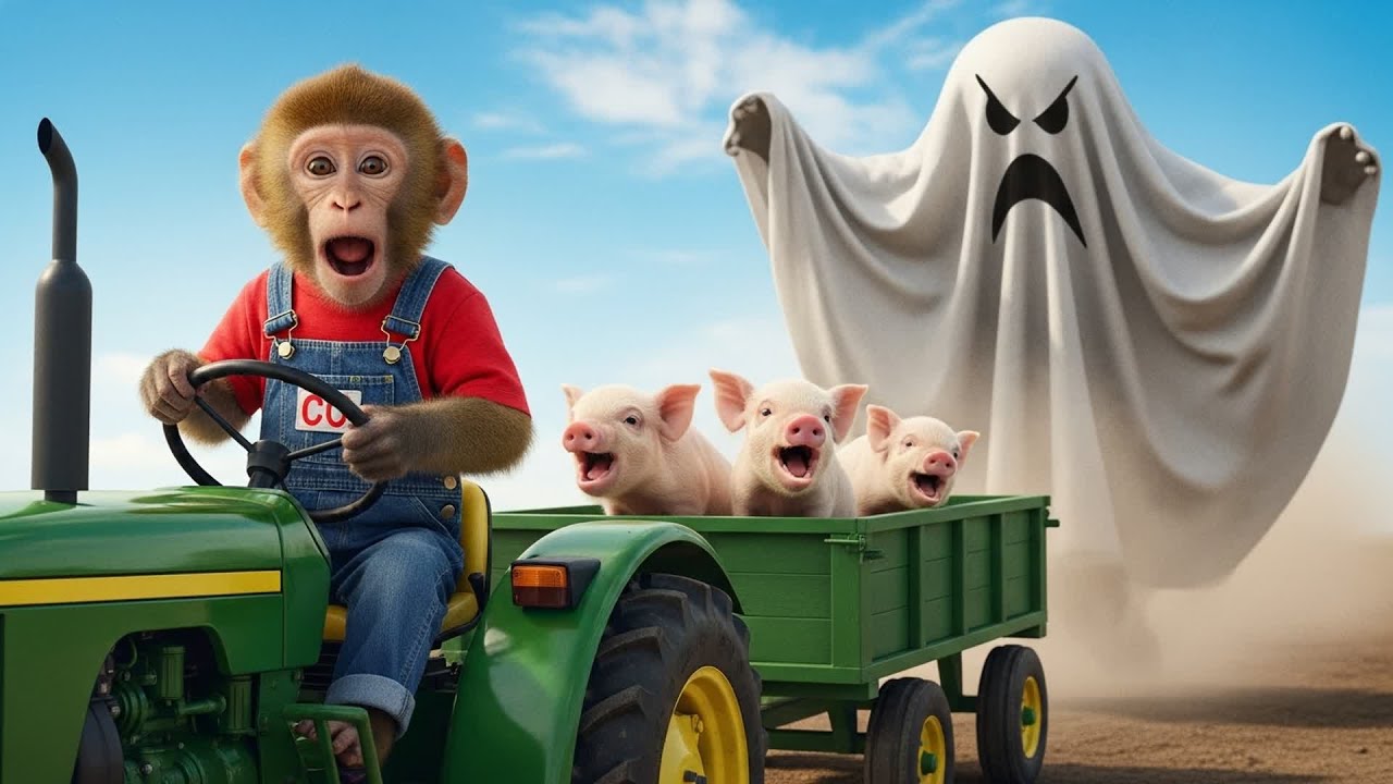 Monkey CO Drives the Farm Tractor to Rescue the Piglets from a Spooky Ghost on Halloween