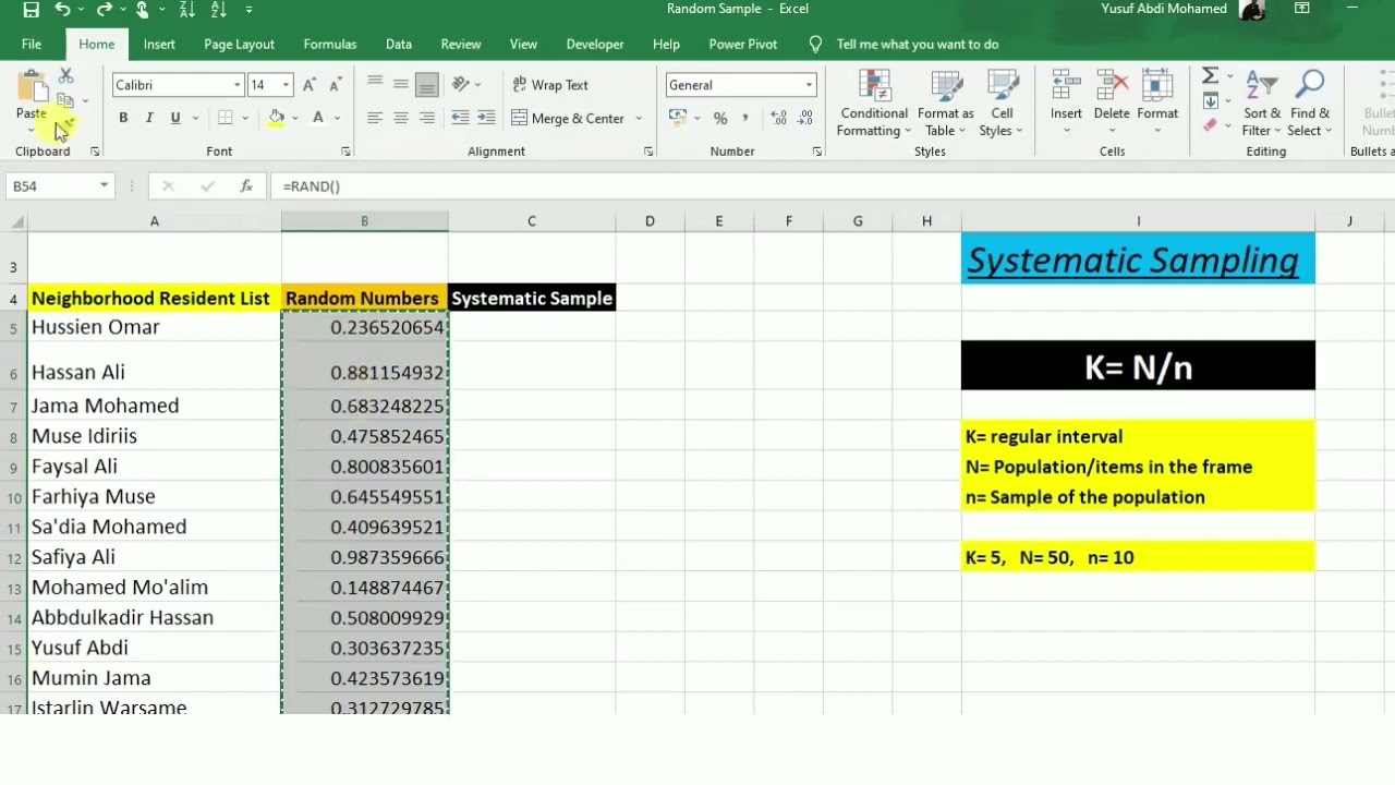 4. Sampling and Sampling Distribution, Using Microsoft Excel Explained in Somali Language