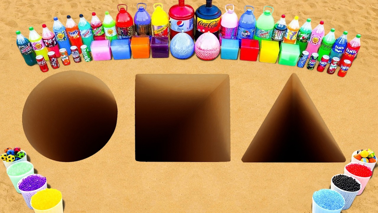 Giant Circle vs Square vs Triangle Hole – Big Coca Cola, Mtn Dew, Balloons Fanta  & Mentos Eruption!