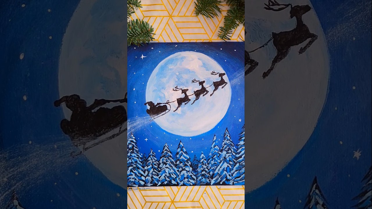 Santa Sleigh Across Moon | Acrylic Painting