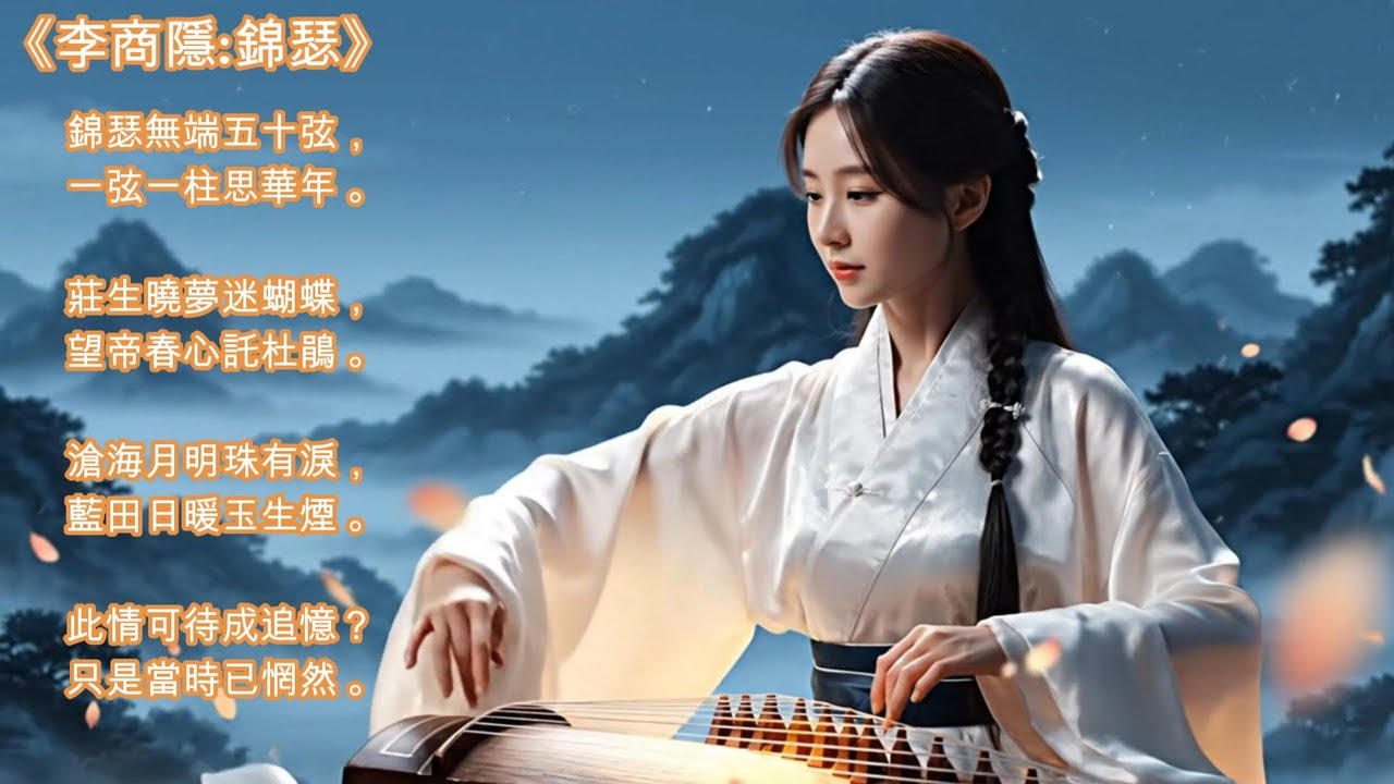 🎤👩‍🎤《錦瑟｜李商隱｜古詩吟唱 》一場穿越千年的夢，一曲為「思華年」的歌。以千年詩意入歌，撥動五十弦，從「莊生曉夢迷蝴蝶」的虛幻，到「滄海月明珠有淚」的深情，再至「此情可待成追憶」的惘然。