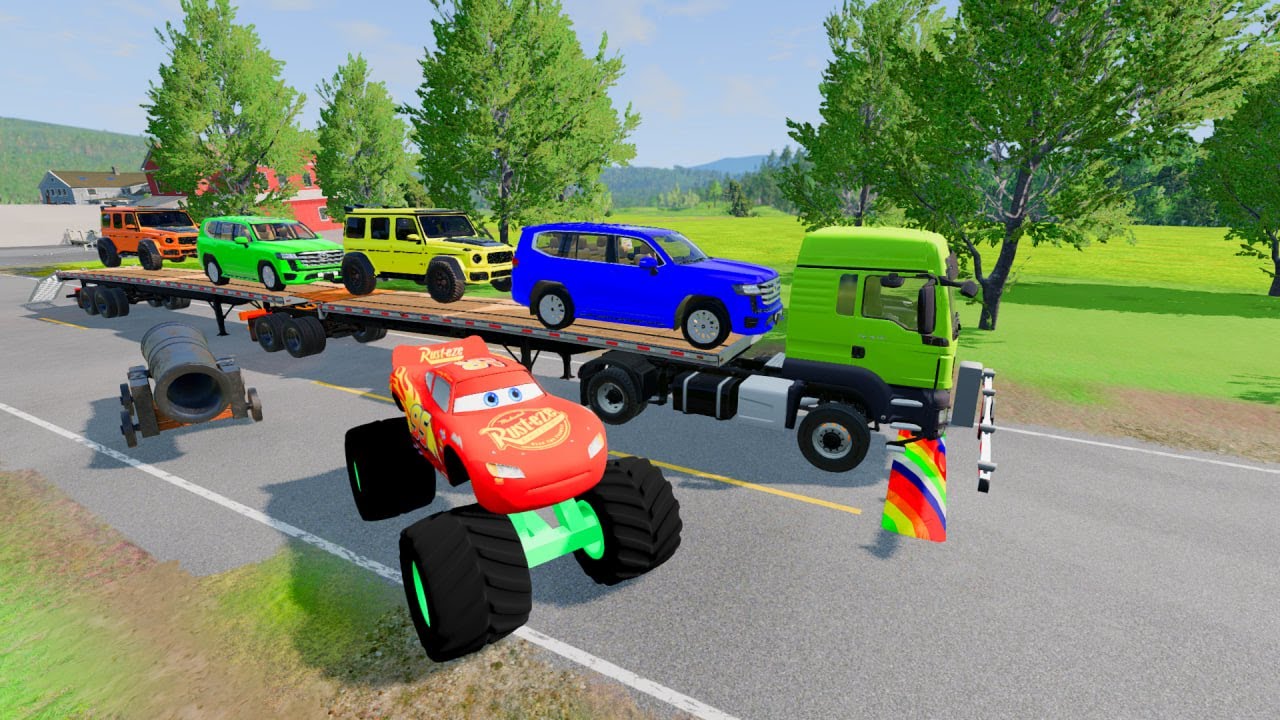 Flatbed Truck McQueen | Transportation with Truck - Pothole vs Car # | BeamNG.Drive Gameplay