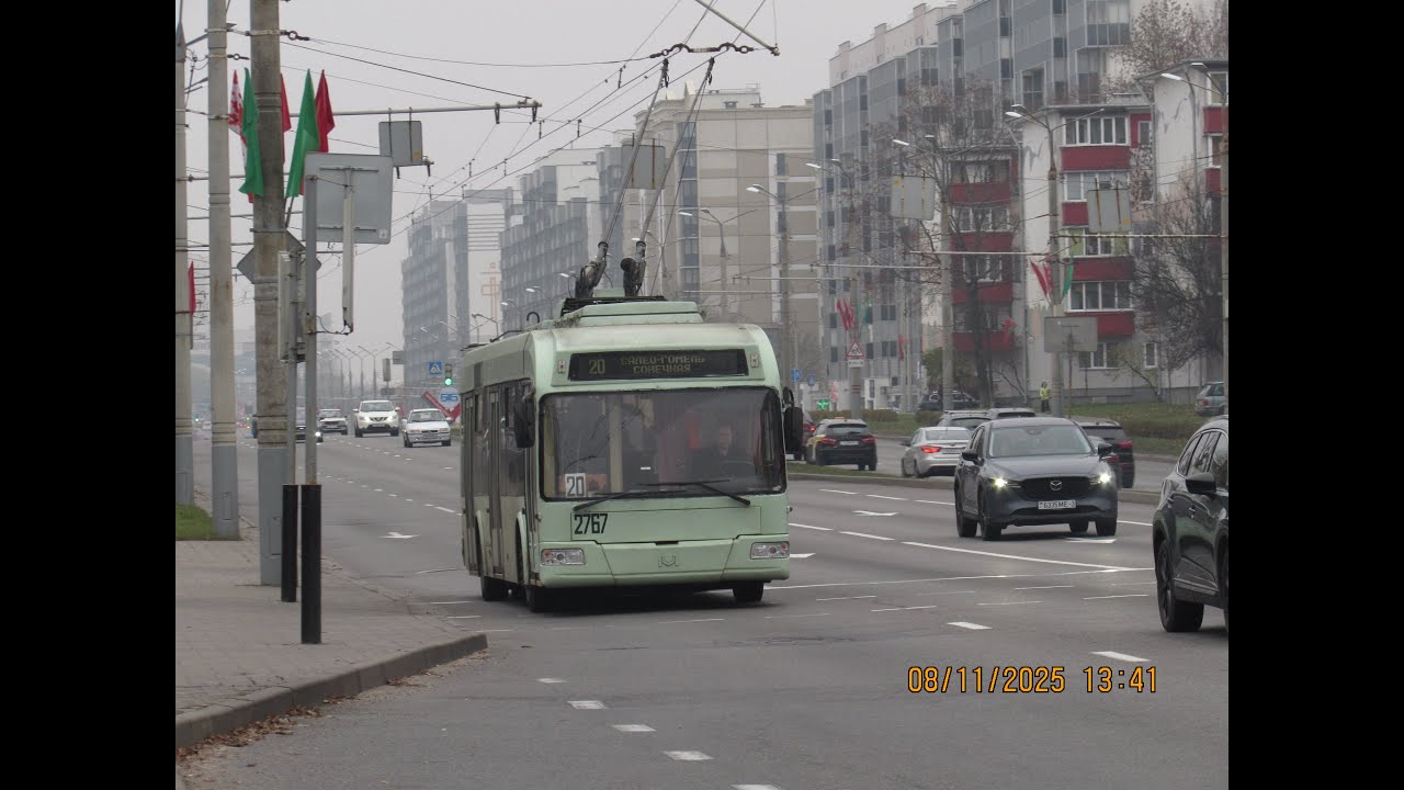 Гомель, поездка в троллейбусе БКМ-32102, парк.№ 2767, марш.20 (08.11.2025)