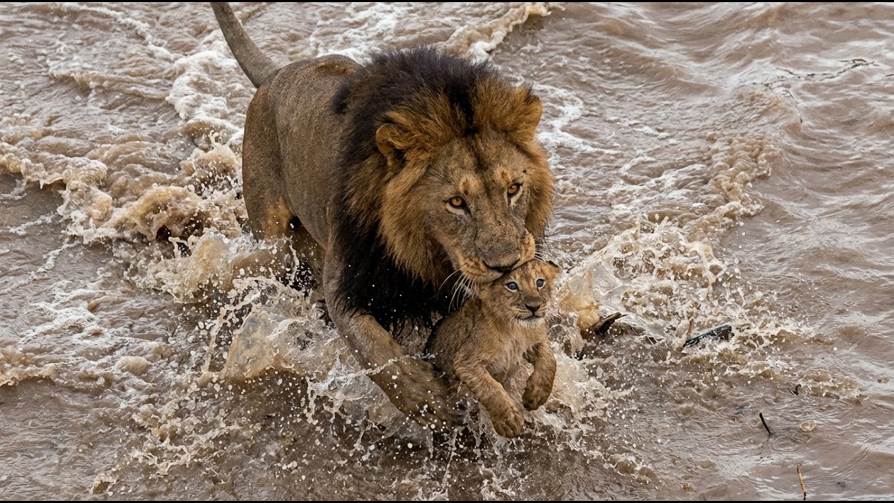 Heartbreaking! Father Lion Risks His Life to Save Baby Cub from Massive Flood 😭🦁