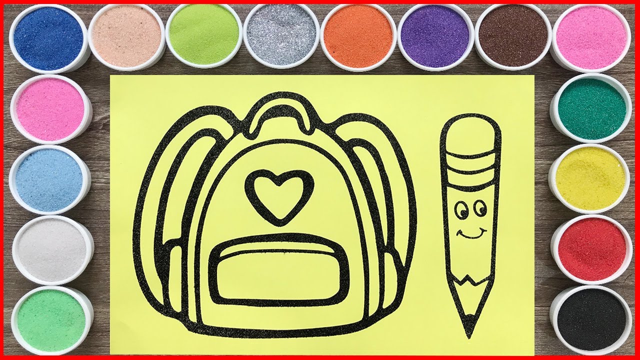Sand painting a school bag and pean, easy coloring and drawing, relaxing painting (ChimXinh channel)