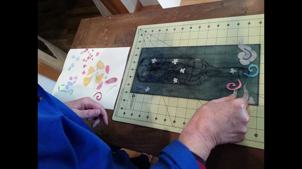 Chine Colle Printmaking with Stencils on Inscribed Plexi Plate
