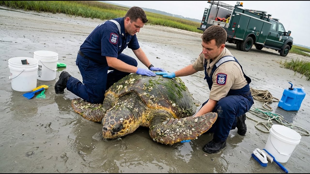 Giant Loggerhead Turtle Shoreline Rescue | Barnacle Removal & Ocean Release