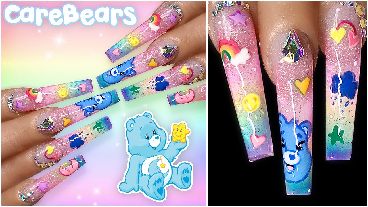 CareBear Nails💖JELLY Rainbow Coffin Ombre Bling Nails