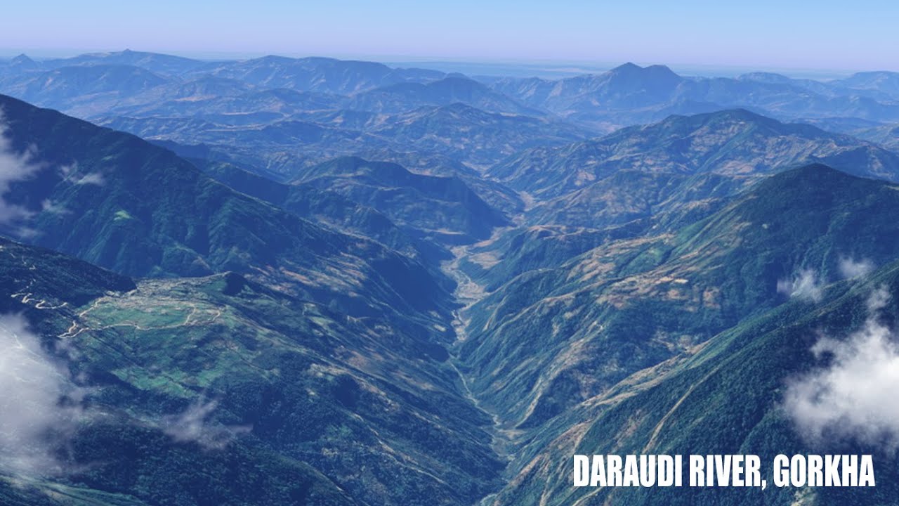 Daraudi river Gorkha Aanbu Kahaireni Mugling aerial 3D view गोरखा जिल्ला