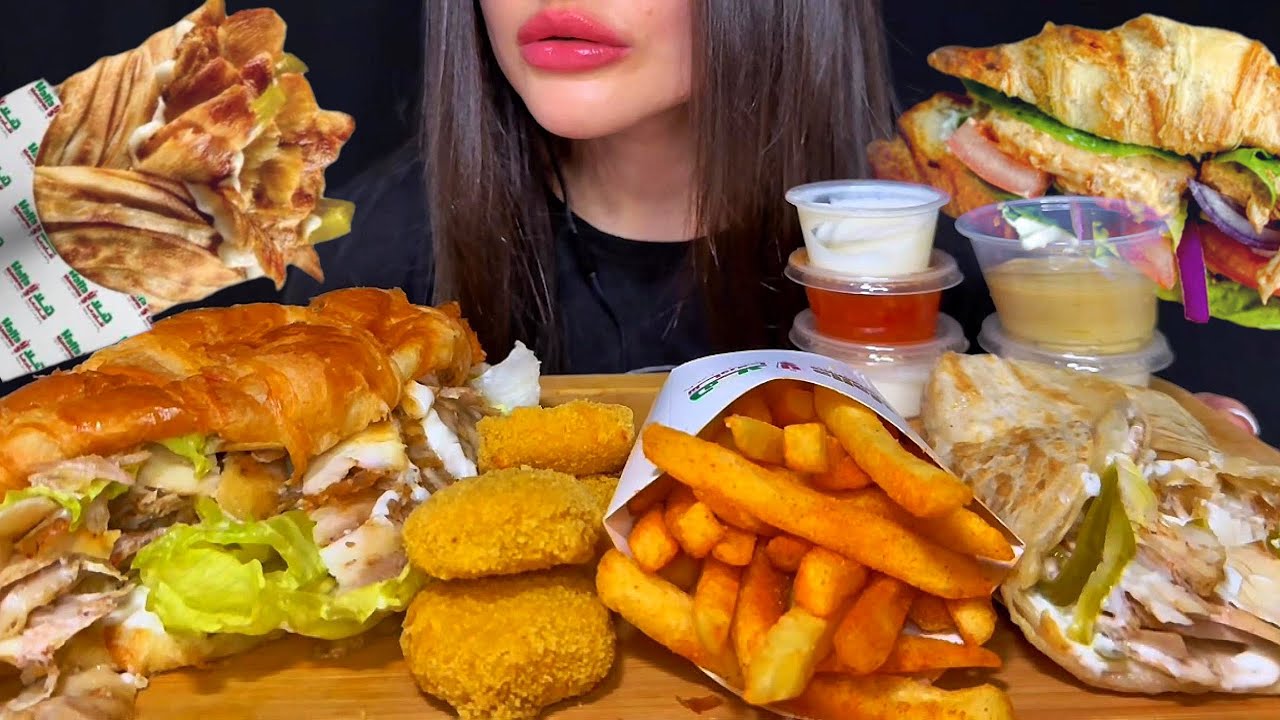 ASMR EATING SHAWARMA CROISSANT, CHICKEN PARATHA, SPICY FRIES  | FAST FOOD MUKBANG