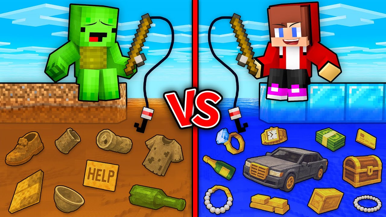 JJ и Mikey: Рыбалка в Minecraft: битва за предметы «БЕДНЫЕ против БОГАТЫХ»! - Maizen