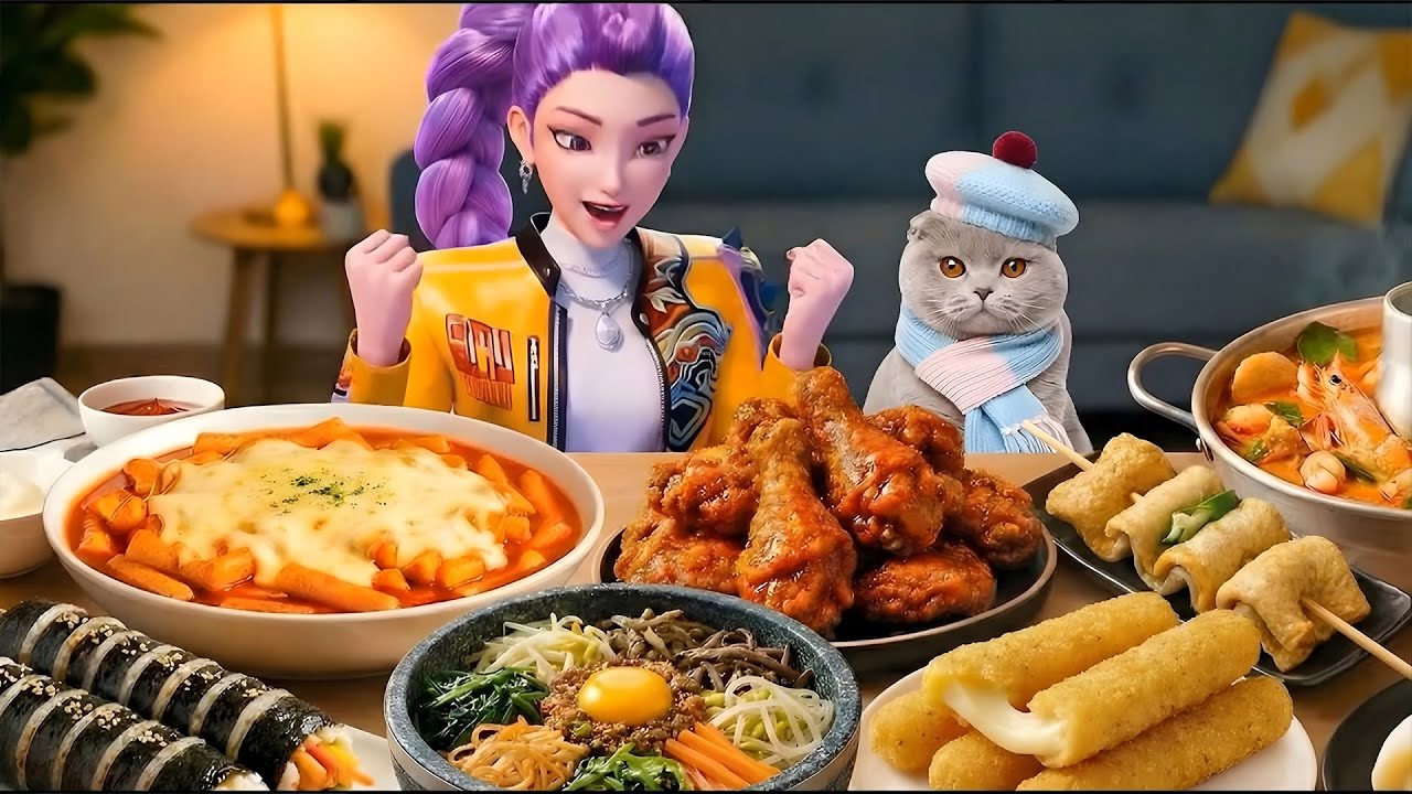 ASMR MUKBANG | Rumi Eating: Fried chicken, Cheese Stick,Tteokbokki | Chef Meow Cooking, Food recipes
