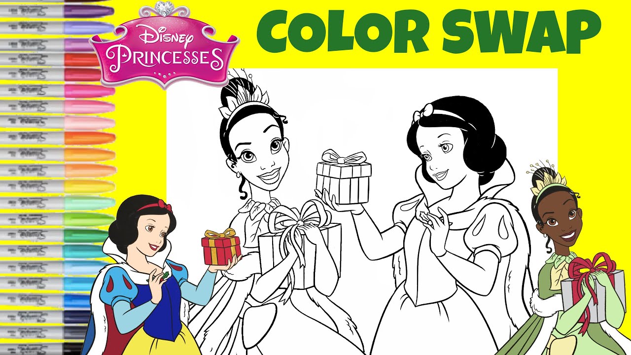 Disney Princess Coloring Book Pages Color Swap Tiana and Snow White Belle and Cinderella