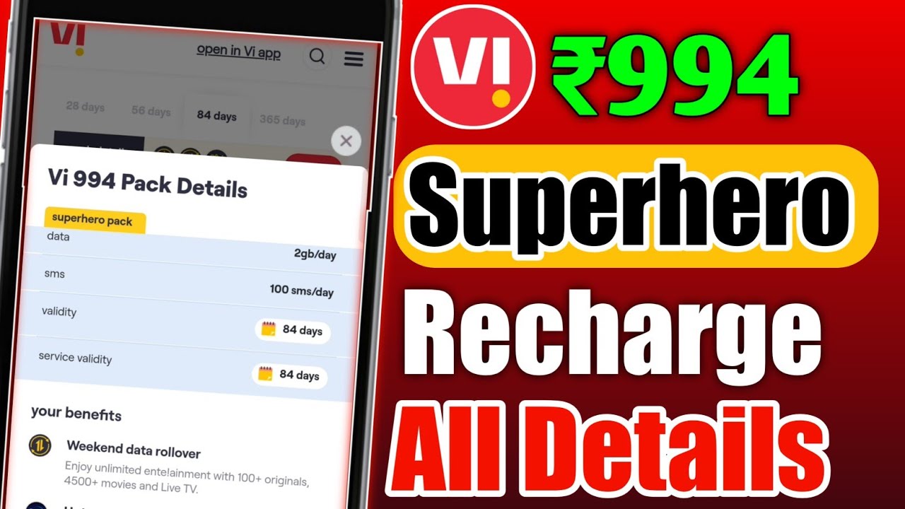 Vi ₹994 Superhero Pack All Details And Velidity 🔥 | Vodafone Idea ₹994 Pack 12Hours Unlimited Data