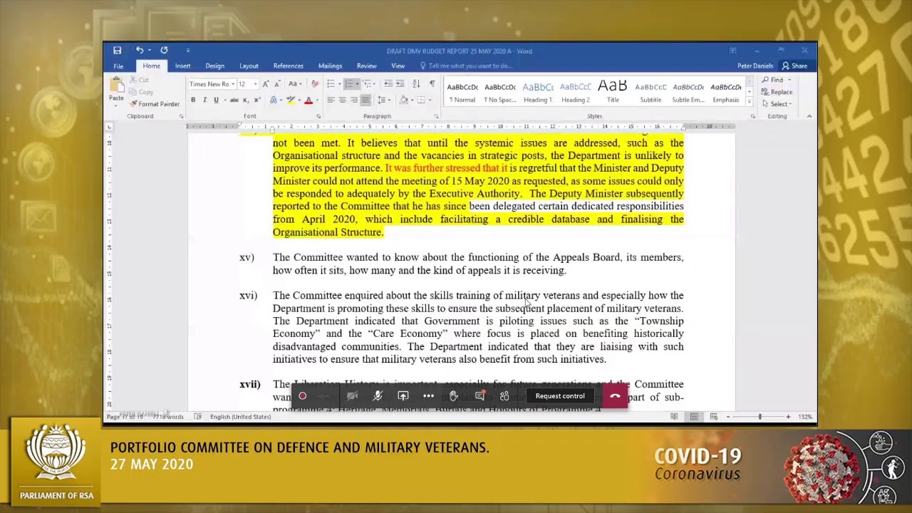 Portfolio Committee on Defence and Military Veterans, 27 May 2020