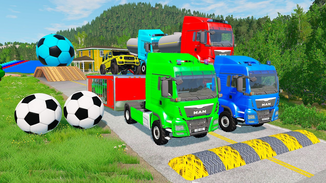 Double Flatbed Trailer McQueen Transportation with Truck - Speedbumps vs Cars vs Train - BeamNG #154
