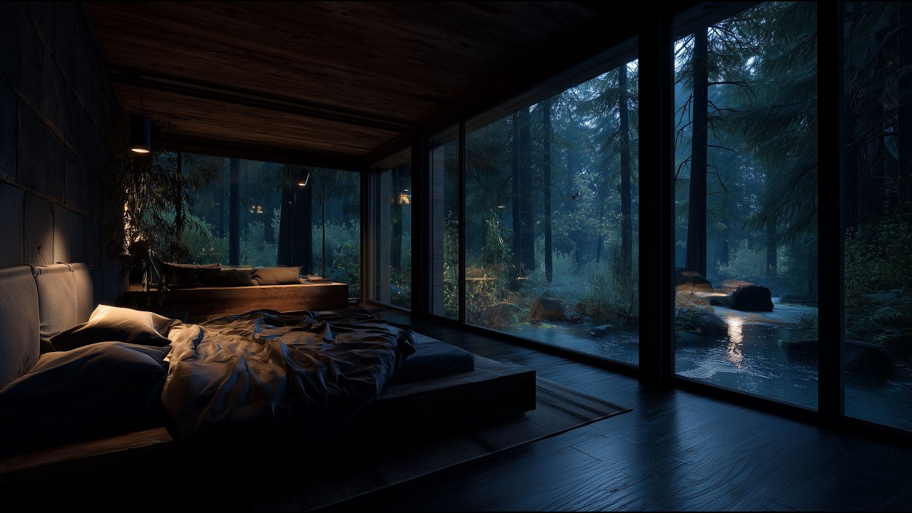 Rainy Forest Bedroom Ambience 🌧️ Thunderstorm Outside Glass Cabin | 3 Hours