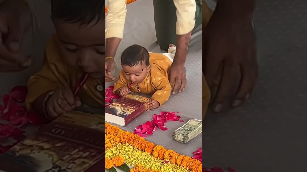 My baby boy’s Annaprasana ceremony || money and Bhagavad gita book&pen