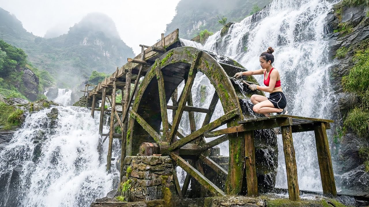 TIMELAPSE - Repairing and Rebuilding a New Waterwheel on a Massive Waterfall By Vân