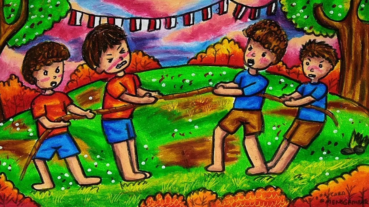 Cara Menggambar dan Mewarnai Tema LOMBA TARIK TAMBANG 17 AGUSTUS - KEMERDEKAAN INDONESIA yang Bagus