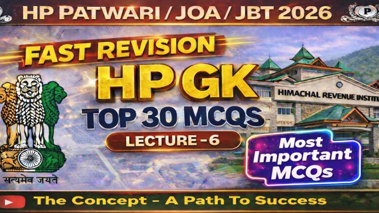 Fast Revision Top MCQs of HP GK : Lecture - 6 for HP Patwari / JBT / JOA-IT of HPRCA Exams 2026 