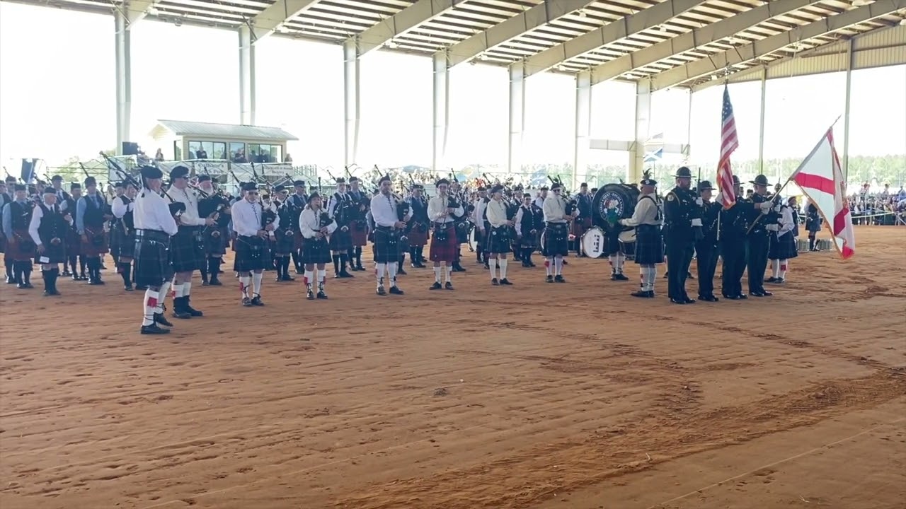 Massed Pipes and Drums At North East Florida Scottish Games and Festival 2024