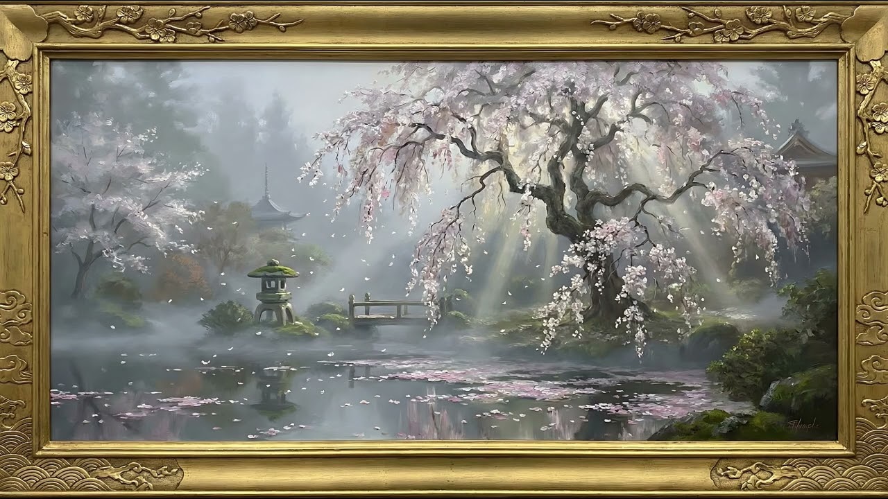 Cherry Blossom Spring Art 4K | Japanese Garden Gold Frame TV Wallpaper | 2 Hour Zen Screensaver
