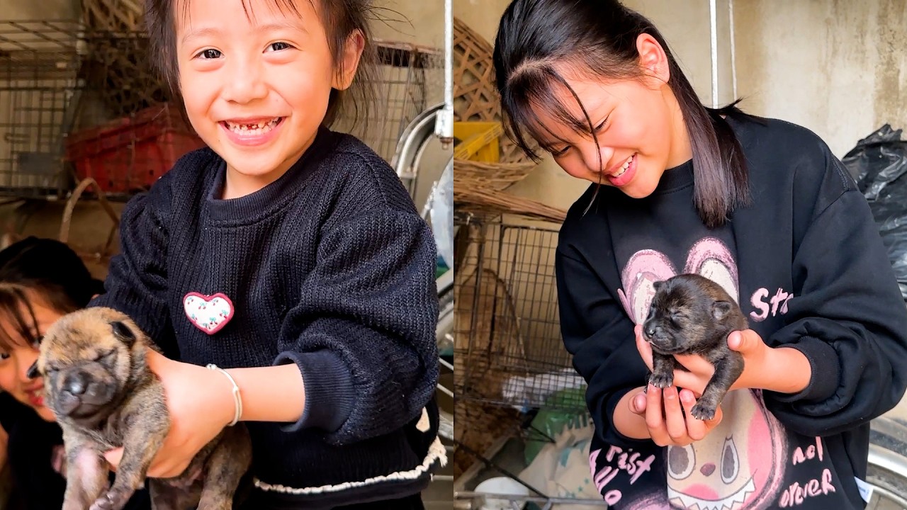 Quynh and Diem affectionately cuddle the adorable newborn puppies