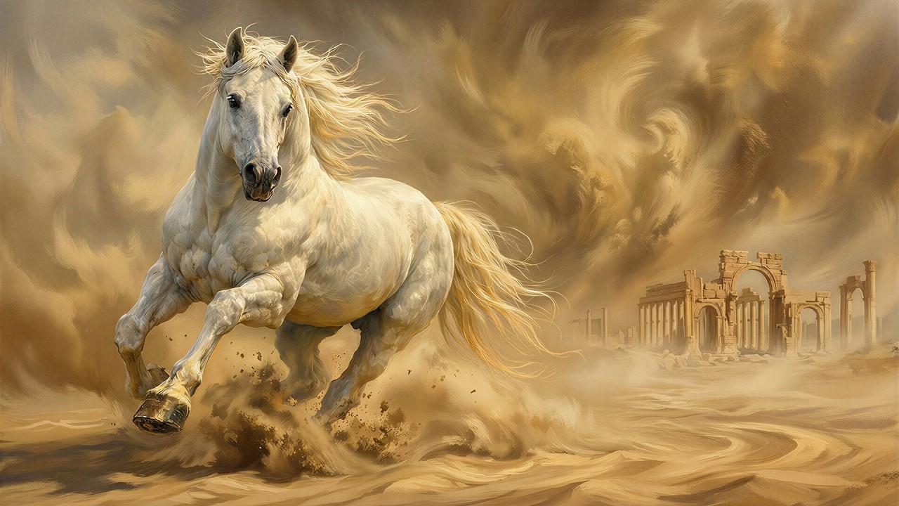 Majestic White Horse & Ancient Ruins of Palmyra | 4K Frame TV Art Screensaver | 8 Hours (Single Art)