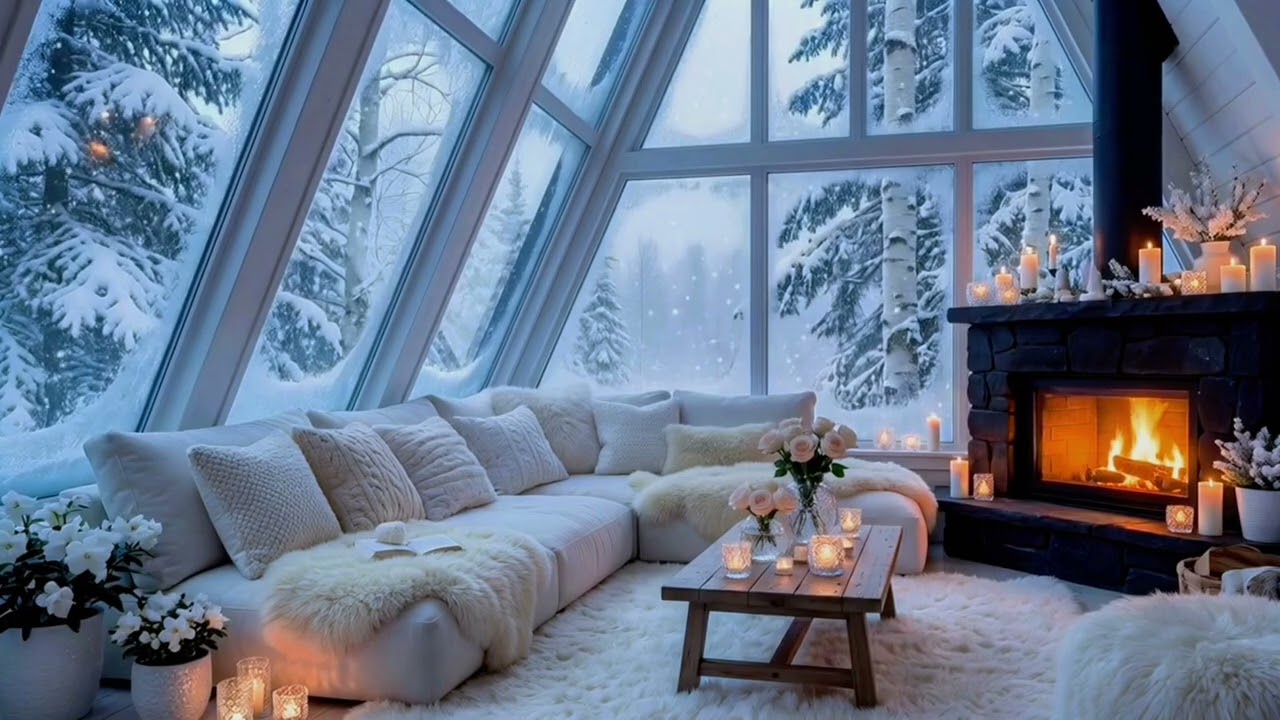 Healing Peaceful Piano ❄️ Snow Fireplace Ambience 🌨️ Cozy Calm Relax Focus Sleep (Ultra 4K)