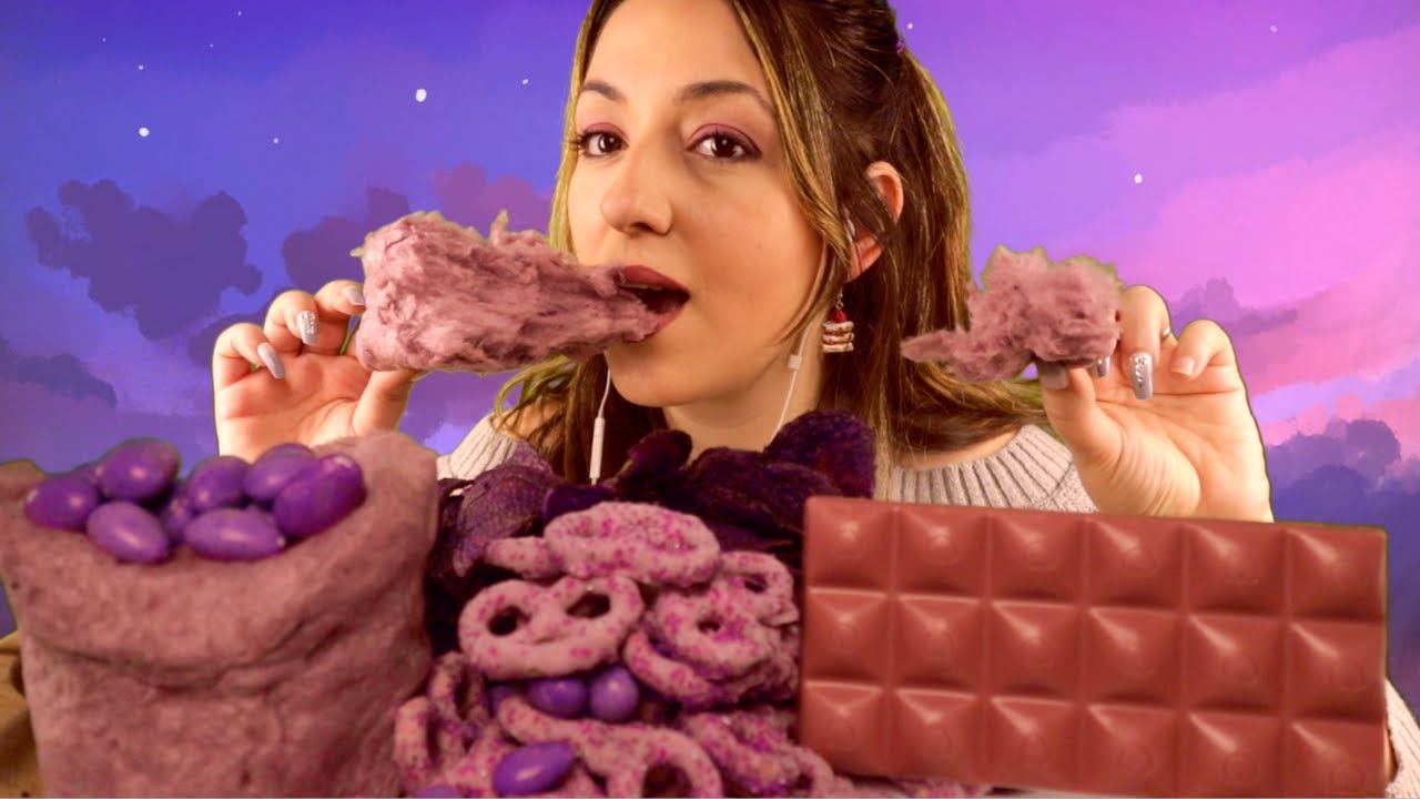 ASMR YEMEK | Mor Çikolata, Pamuk Şeker, Cips | Türkçe MUKBANG | Yemek Sesleri