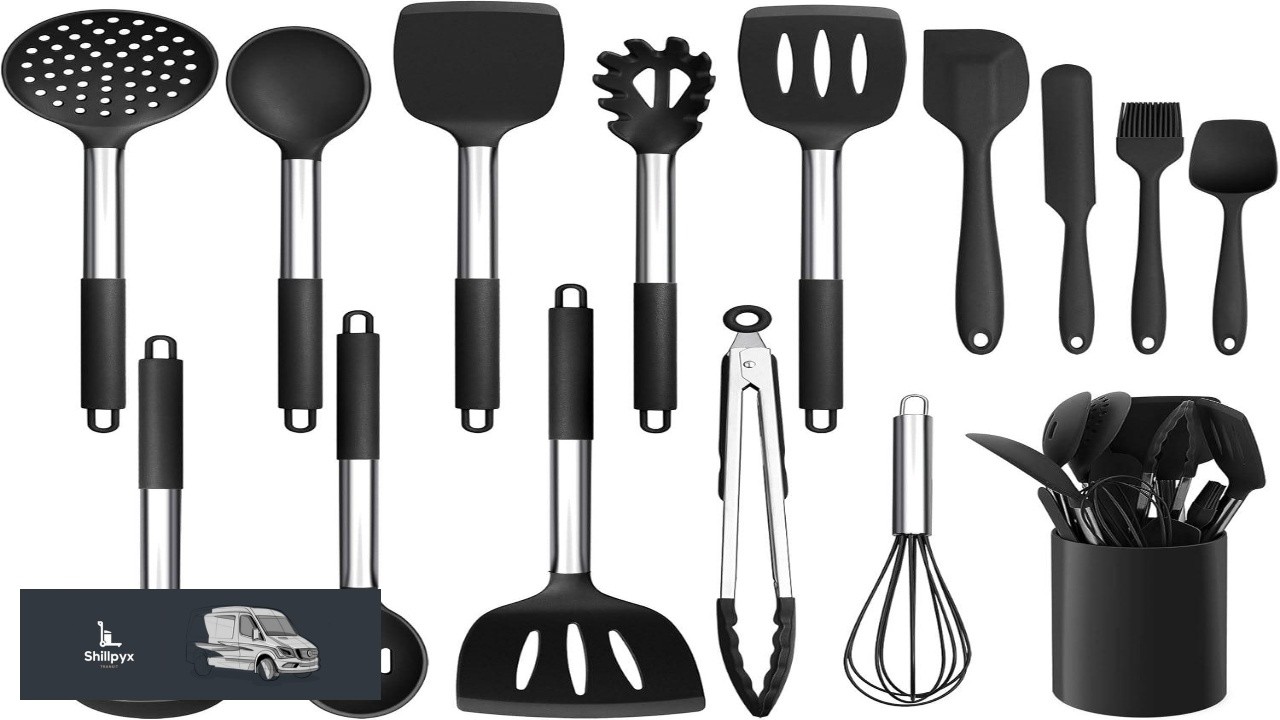LIANYU 15 Piece Kitchen Cooking Utensils Set with Holder Silicone Kitchen Tools Stainless