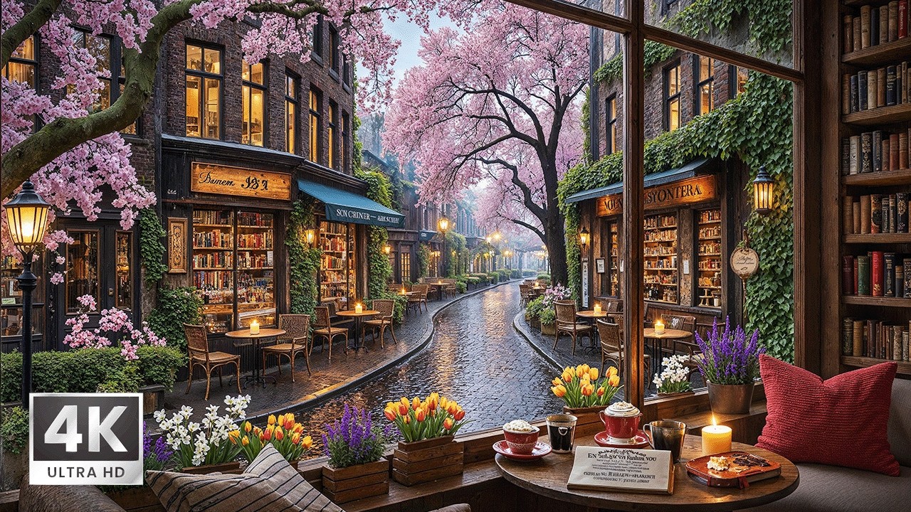 Quiet Spring Rain Nights Café Ambience ☕🌧️ Soft Jazz Piano with Fireplace Sounds for Work & Focus