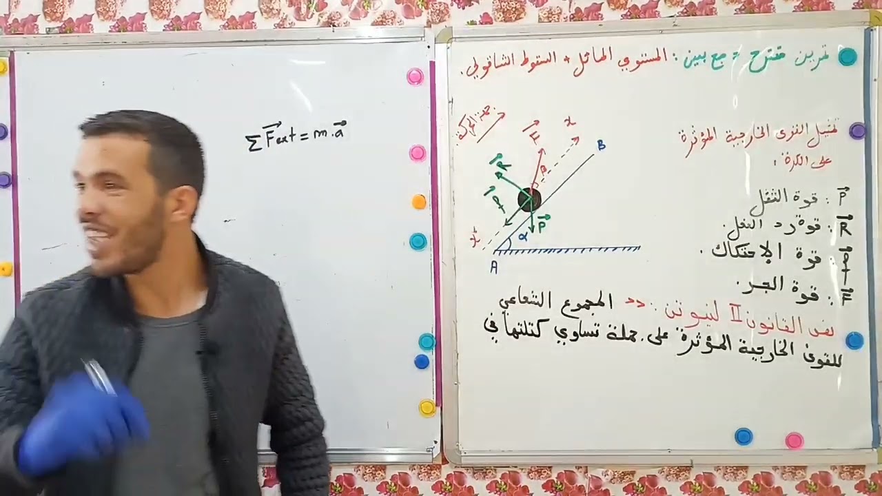 تمرين مقترح في دراسة حركة جسم صلب في المستوي  المائل + السقوط الشاقولي