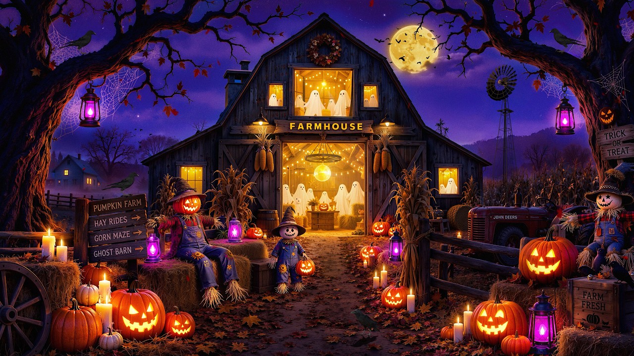 Midnight at a Haunted Farmhouse Ambience🎃Spooky Jazz Music, Pumpkin Glow for a Peaceful Autumn Night