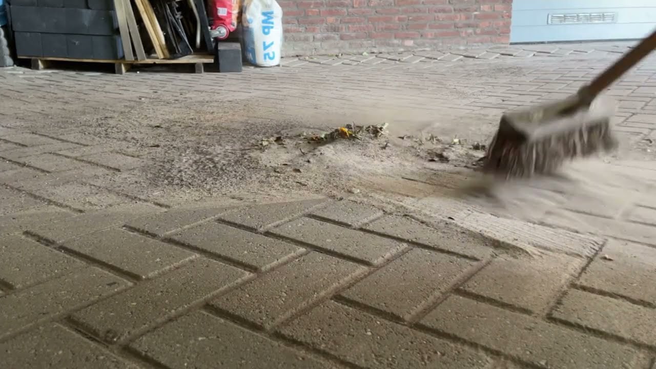 ASMR outdoor sweeping heavy sand/dust on concrete/cement/stone floor, visually satisfying sweeping