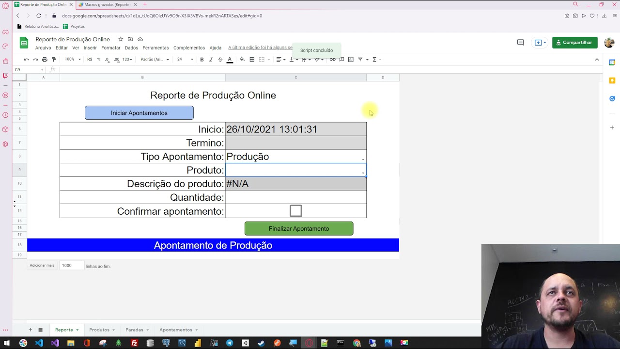 Apontamento de Produ&ccedil;&atilde;o Online em Planilha Google Sheets