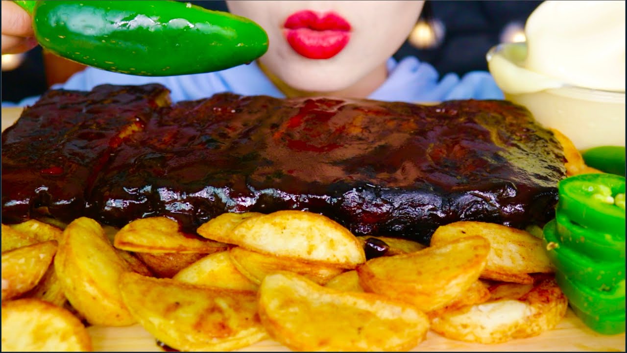 ASMR HONEY BBQ RIBS, CHEESY POTATO WEDGES, CRUNCHY JALAPENOS  | EATING SOUNDS |咀嚼音 | 먹방