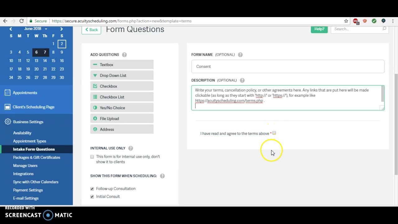 Acuity Scheduling: Creating Consent Form