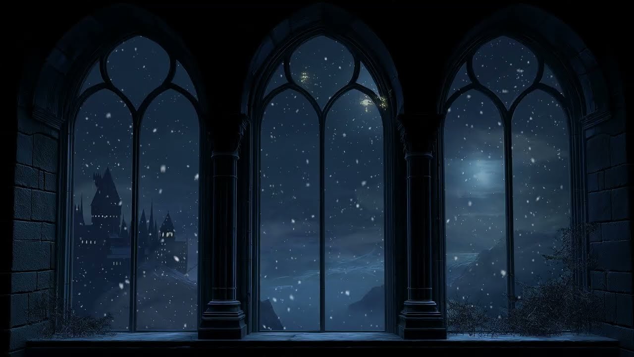 Winter Hogwarts Window with Snowfall and Soothing Wind Sounds for Study Focus and Restful Sleep